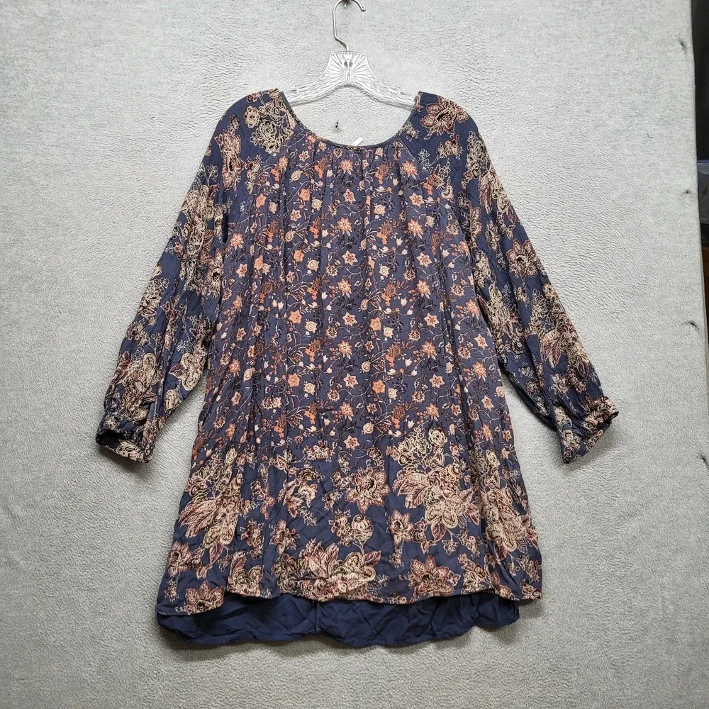 Free People Women Dress L Navy Floral Lucky Loosie Swing Boho‎ Scoop Neck